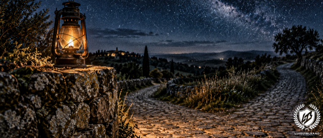 Cinematic illustration of an old oil lantern glowing on a mossy stone wall beside a cobblestone path that winds and forks through hills with cypresses at night, with distant village lights and a starry sky with the Milky Way
