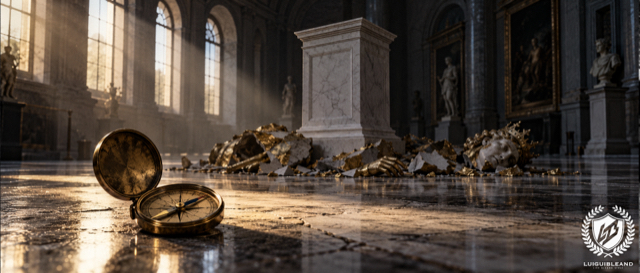 Cinematic illustration of an empty white marble pedestal in a dim museum hall with tall arched windows; the shattered pieces of a gilded statue, including a crowned head and a hand, lie at its base, and an open brass compass rests in the foreground in a shaft of warm light