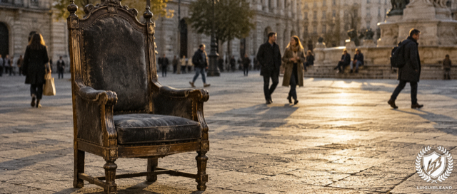 Cinematic photo-style illustration of an ornate, worn throne-like armchair standing empty in the middle of a large stone square at golden hour, while people walk past without looking at it, with a monumental fountain with statues and classical buildings behind